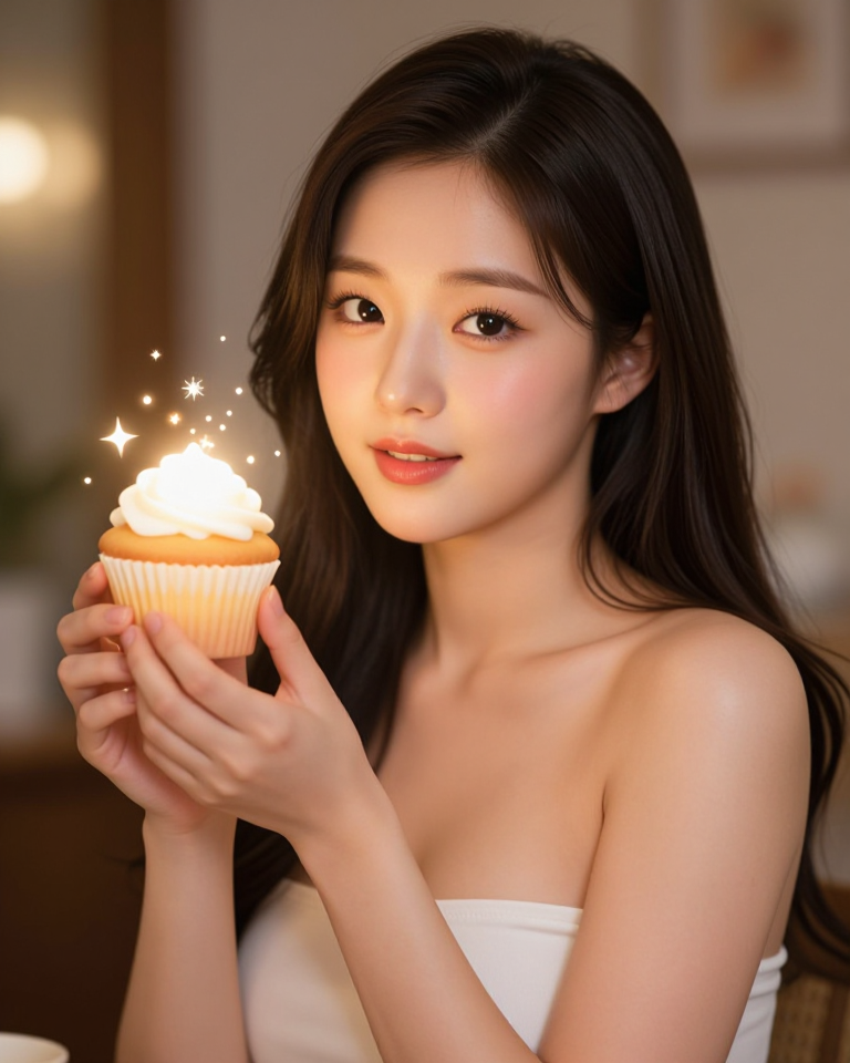 빛나는 컵케이크를 든 소녀